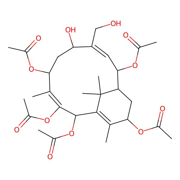 2D Structure of [(2R,3Z,5S,7S,8E,10S,11S,13S)-2,3,5,10-tetraacetyloxy-7-hydroxy-8-(hydroxymethyl)-4,14,15,15-tetramethyl-13-bicyclo[9.3.1]pentadeca-1(14),3,8-trienyl] acetate