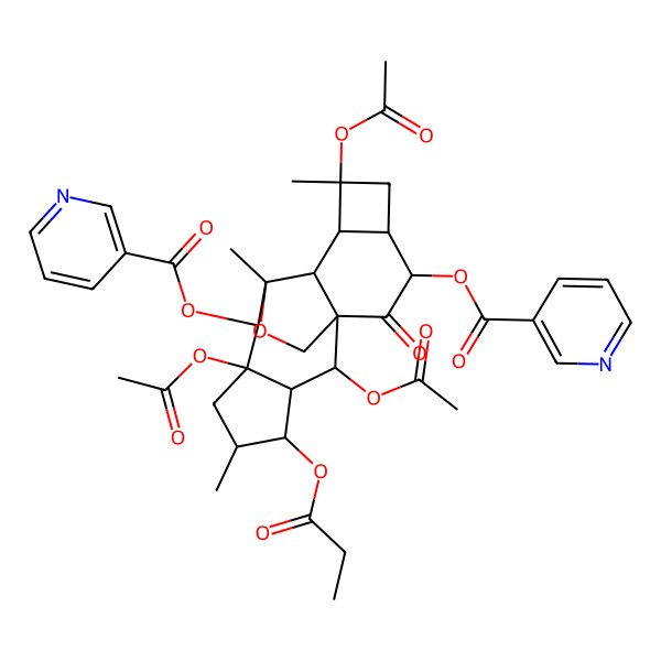 2D Structure of [(1S,2R,3R,4S,5S,7R,8S,9R,10R,11S,12S,14R,15R)-2,7,12-triacetyloxy-5,9,12-trimethyl-16-oxo-4-propanoyloxy-8-(pyridine-3-carbonyloxy)-18-oxapentacyclo[7.7.2.01,10.03,7.011,14]octadecan-15-yl] pyridine-3-carboxylate
