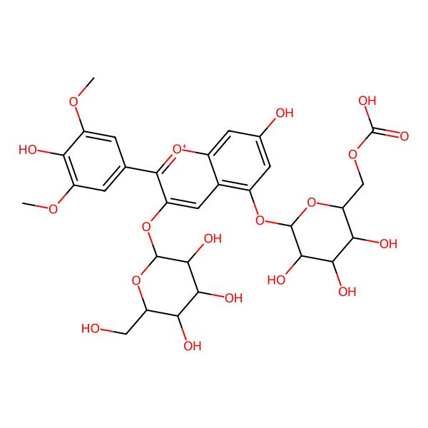 2D Structure of [(2R,3S,4S,5R,6S)-3,4,5-trihydroxy-6-[7-hydroxy-2-(4-hydroxy-3,5-dimethoxyphenyl)-3-[(2S,3R,4S,5S,6R)-3,4,5-trihydroxy-6-(hydroxymethyl)oxan-2-yl]oxychromenylium-5-yl]oxyoxan-2-yl]methyl hydrogen carbonate