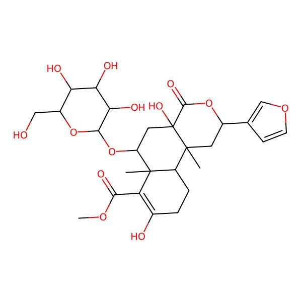 2D Structure of methyl (2S,4aS,6S,6aR,10aR,10bS)-2-(furan-3-yl)-4a,8-dihydroxy-6a,10b-dimethyl-4-oxo-6-[(2R,3R,4S,5S,6R)-3,4,5-trihydroxy-6-(hydroxymethyl)oxan-2-yl]oxy-2,5,6,9,10,10a-hexahydro-1H-benzo[f]isochromene-7-carboxylate