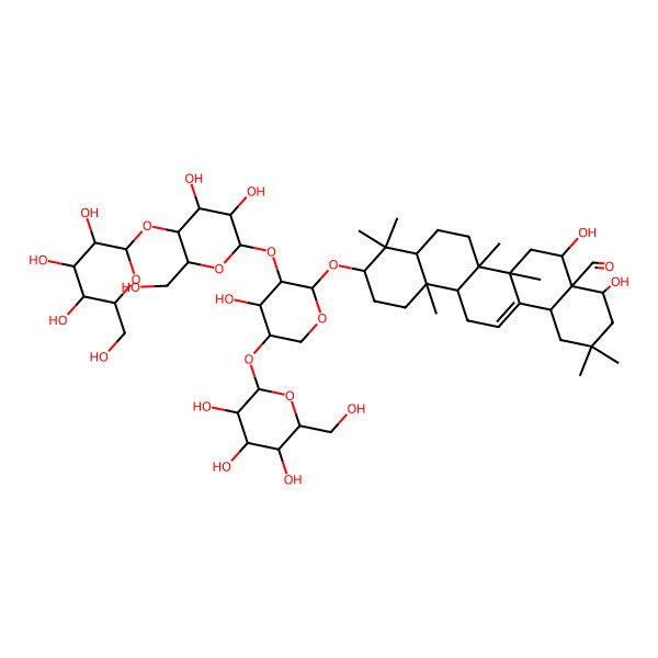 2D Structure of (4S,4aS,5R,6aR,6aS,6bR,8aR,10S,12aR,14bR)-10-[(2S,3R,4S,5S)-3-[(2S,3R,4R,5S,6R)-3,4-dihydroxy-6-(hydroxymethyl)-5-[(2S,3R,4S,5S,6R)-3,4,5-trihydroxy-6-(hydroxymethyl)oxan-2-yl]oxyoxan-2-yl]oxy-4-hydroxy-5-[(2S,3R,4S,5S,6R)-3,4,5-trihydroxy-6-(hydroxymethyl)oxan-2-yl]oxyoxan-2-yl]oxy-4,5-dihydroxy-2,2,6a,6b,9,9,12a-heptamethyl-1,3,4,5,6,6a,7,8,8a,10,11,12,13,14b-tetradecahydropicene-4a-carbaldehyde