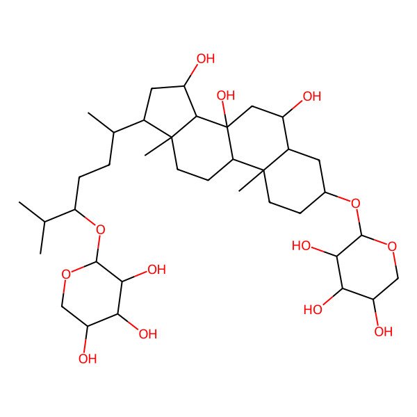 2D Structure of (2S,3R,4S,5R)-2-[[(3S,5S,6S,8S,9R,10S,13R,14S,15R,17R)-6,8,15-trihydroxy-10,13-dimethyl-17-[(2R,5S)-6-methyl-5-[(2S,3R,4S,5R)-3,4,5-trihydroxyoxan-2-yl]oxyheptan-2-yl]-1,2,3,4,5,6,7,9,11,12,14,15,16,17-tetradecahydrocyclopenta[a]phenanthren-3-yl]oxy]oxane-3,4,5-triol