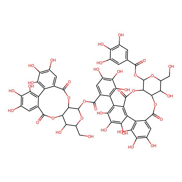 2D Structure of [(10R,11S,13R,14R,15S)-3,4,5,14,20,21,22-heptahydroxy-13-(hydroxymethyl)-8,17-dioxo-9,12,16-trioxatetracyclo[16.4.0.02,7.010,15]docosa-1(22),2,4,6,18,20-hexaen-11-yl] 2-[(10R,11S,13R,14R,15S)-3,4,5,14,20,21,22-heptahydroxy-13-(hydroxymethyl)-8,17-dioxo-11-(3,4,5-trihydroxybenzoyl)oxy-9,12,16-trioxatetracyclo[16.4.0.02,7.010,15]docosa-1(22),2(7),3,5,18,20-hexaen-6-yl]-3,4,5-trihydroxybenzoate