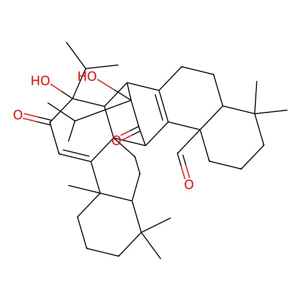 2D Structure of 14,28-Dihydroxy-6,6,10,21,21-pentamethyl-13,27-dioxo-14,28-di(propan-2-yl)heptacyclo[14.10.2.02,11.02,15.05,10.017,26.020,25]octacosa-11,17(26)-diene-25-carbaldehyde