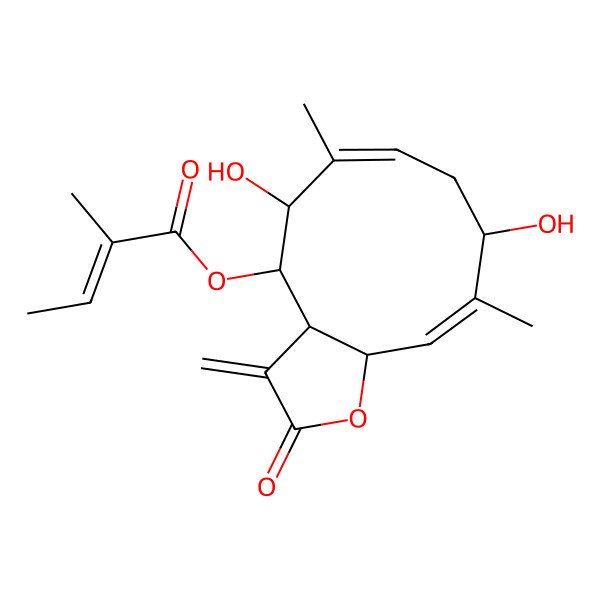 2D Structure of [(3aR,4S,5S,6Z,9S,10E,11aR)-5,9-dihydroxy-6,10-dimethyl-3-methylidene-2-oxo-3a,4,5,8,9,11a-hexahydrocyclodeca[b]furan-4-yl] (E)-2-methylbut-2-enoate