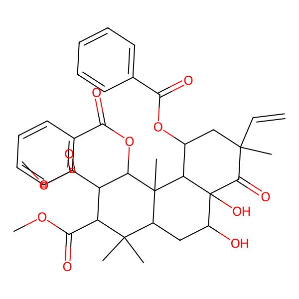 2D Structure of dimethyl (2R,3S,4S,4aS,4bS,5R,7R,8aR,9R,10aS)-4,5-dibenzoyloxy-7-ethenyl-8a,9-dihydroxy-1,1,4a,7-tetramethyl-8-oxo-3,4,4b,5,6,9,10,10a-octahydro-2H-phenanthrene-2,3-dicarboxylate