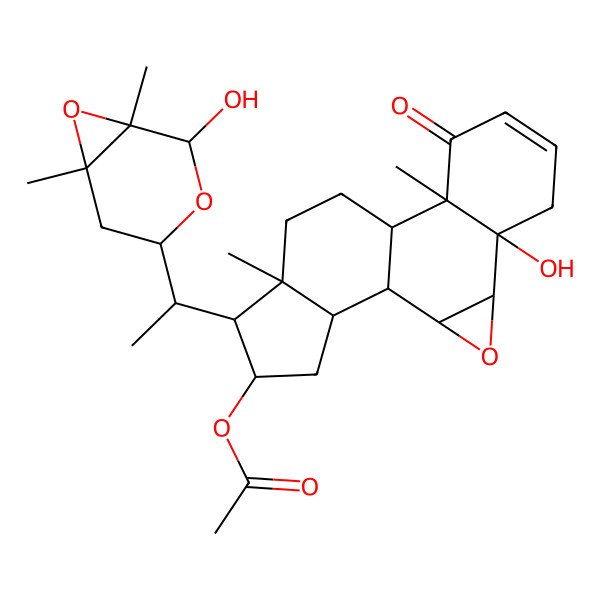 2D Structure of [5-Hydroxy-15-[1-(2-hydroxy-1,6-dimethyl-3,7-dioxabicyclo[4.1.0]heptan-4-yl)ethyl]-10,14-dimethyl-9-oxo-3-oxapentacyclo[9.7.0.02,4.05,10.014,18]octadec-7-en-16-yl] acetate