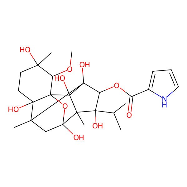 2D Structure of (3,6,9,11,13,14-hexahydroxy-2-methoxy-3,7,10-trimethyl-11-propan-2-yl-15-oxapentacyclo[7.5.1.01,6.07,13.010,14]pentadecan-12-yl) 1H-pyrrole-2-carboxylate