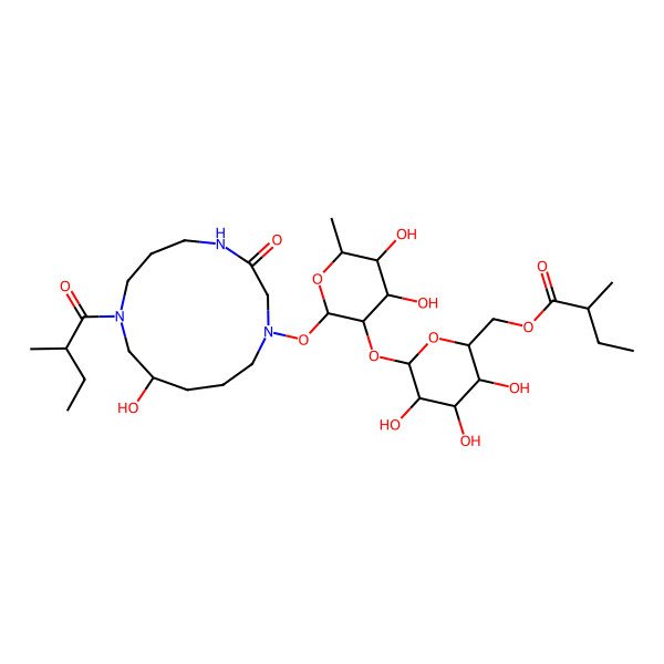 2D Structure of [(2R,3S,4S,5R,6S)-6-[(2S,3R,4R,5R,6S)-4,5-dihydroxy-2-[[(10R)-10-hydroxy-8-[(2S)-2-methylbutanoyl]-3-oxo-1,4,8-triazacyclotridec-1-yl]oxy]-6-methyloxan-3-yl]oxy-3,4,5-trihydroxyoxan-2-yl]methyl (2S)-2-methylbutanoate