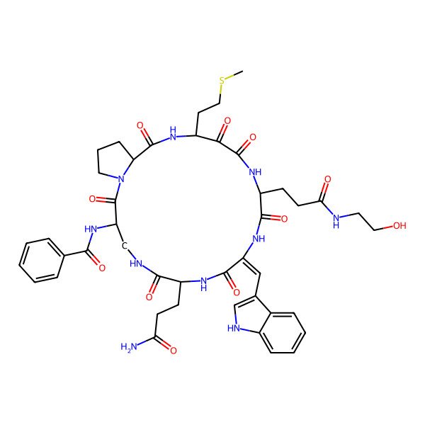2D Structure of N-[7-(3-amino-3-oxopropyl)-13-[3-(2-hydroxyethylamino)-3-oxopropyl]-10-(1H-indol-3-ylmethylidene)-17-(2-methylsulfanylethyl)-2,6,9,12,15,16,19-heptaoxo-1,5,8,11,14,18-hexazabicyclo[18.3.0]tricosan-3-yl]benzamide