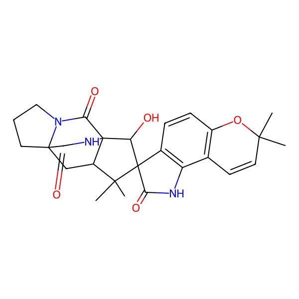 2D Structure of 12'-hydroxy-7,7,10',10'-tetramethylspiro[1H-pyrano[2,3-g]indole-3,11'-3,13-diazatetracyclo[5.5.2.01,9.03,7]tetradecane]-2,2',14'-trione