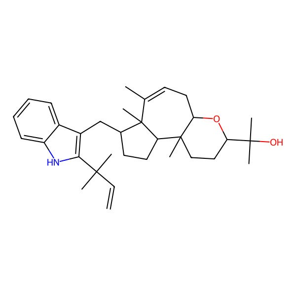 2D Structure of 2-[(3R,4aR,7aR,8R,10aS,10bR)-7,7a,10b-trimethyl-8-[[2-(2-methylbut-3-en-2-yl)-1H-indol-3-yl]methyl]-2,3,4a,5,8,9,10,10a-octahydro-1H-azuleno[5,4-b]pyran-3-yl]propan-2-ol