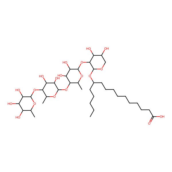 2D Structure of (11S)-11-[(2S,3R,4S,5R)-3-[(2S,3R,4S,5R,6S)-5-[(2S,3R,4S,5R,6S)-3,4-dihydroxy-6-methyl-5-[(2S,3R,4R,5R,6S)-3,4,5-trihydroxy-6-methyloxan-2-yl]oxyoxan-2-yl]oxy-3,4-dihydroxy-6-methyloxan-2-yl]oxy-4,5-dihydroxyoxan-2-yl]oxyhexadecanoic acid