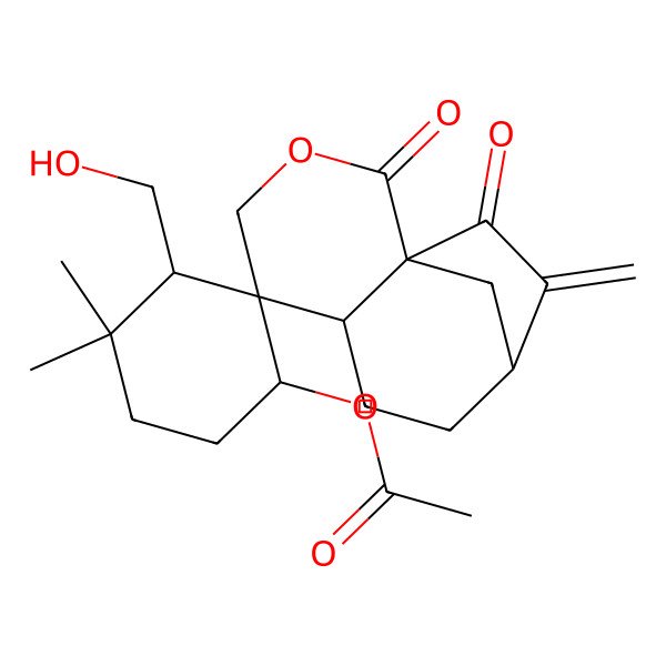 2D Structure of [(1S,1'S,3'R,5R,6S,9R)-3'-(hydroxymethyl)-4',4'-dimethyl-10-methylidene-2,11-dioxospiro[3-oxatricyclo[7.2.1.01,6]dodecane-5,2'-cyclohexane]-1'-yl] acetate