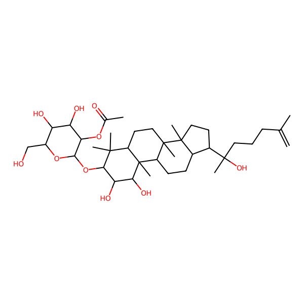 2D Structure of [(2R,3R,4S,5S,6R)-2-[[(1S,2R,3R,5S,8R,9S,10R,13R,14R,17S)-1,2-dihydroxy-17-[(2R)-2-hydroxy-6-methylhept-6-en-2-yl]-4,4,8,10,14-pentamethyl-2,3,5,6,7,9,11,12,13,15,16,17-dodecahydro-1H-cyclopenta[a]phenanthren-3-yl]oxy]-4,5-dihydroxy-6-(hydroxymethyl)oxan-3-yl] acetate