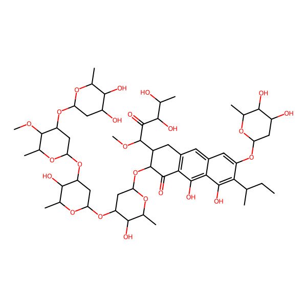 2D Structure of 7-butan-2-yl-3-(3,4-dihydroxy-1-methoxy-2-oxopentyl)-6-[(2S,4R,5S,6R)-4,5-dihydroxy-6-methyloxan-2-yl]oxy-2-[(2S,4R,5R,6R)-4-[(2S,4R,5S,6R)-4-[(2S,4R,5R,6R)-4-[(2S,4R,5S,6R)-4,5-dihydroxy-6-methyloxan-2-yl]oxy-5-methoxy-6-methyloxan-2-yl]oxy-5-hydroxy-6-methyloxan-2-yl]oxy-5-hydroxy-6-methyloxan-2-yl]oxy-8,9-dihydroxy-3,4-dihydro-2H-anthracen-1-one