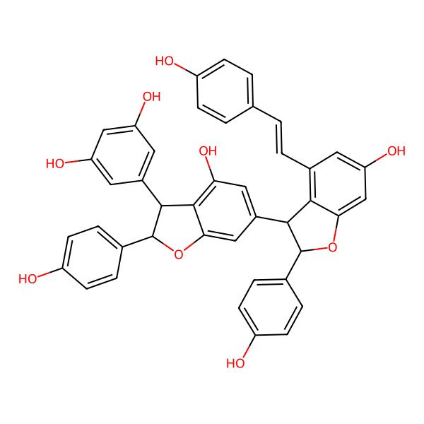 2D Structure of 5-[4-Hydroxy-6-[6-hydroxy-2-(4-hydroxyphenyl)-4-[2-(4-hydroxyphenyl)ethenyl]-2,3-dihydro-1-benzofuran-3-yl]-2-(4-hydroxyphenyl)-2,3-dihydro-1-benzofuran-3-yl]benzene-1,3-diol