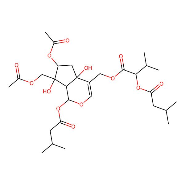 2D Structure of [(1S,4aR,6S,7R,7aS)-6-acetyloxy-7-(acetyloxymethyl)-4a,7-dihydroxy-1-(3-methylbutanoyloxy)-1,5,6,7a-tetrahydrocyclopenta[c]pyran-4-yl]methyl (2R)-3-methyl-2-(3-methylbutanoyloxy)butanoate