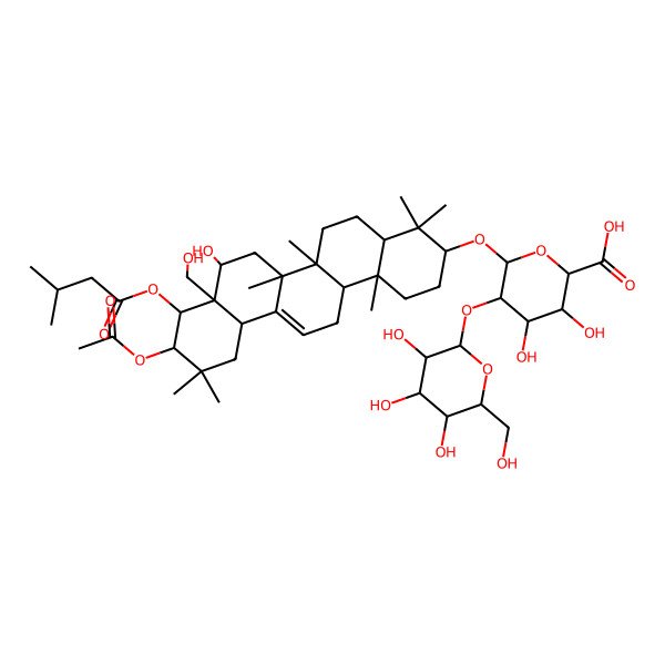 2D Structure of 6-[[10-Acetyloxy-8-hydroxy-8a-(hydroxymethyl)-4,4,6a,6b,11,11,14b-heptamethyl-9-(3-methylbutanoyloxy)-1,2,3,4a,5,6,7,8,9,10,12,12a,14,14a-tetradecahydropicen-3-yl]oxy]-3,4-dihydroxy-5-[3,4,5-trihydroxy-6-(hydroxymethyl)oxan-2-yl]oxyoxane-2-carboxylic acid