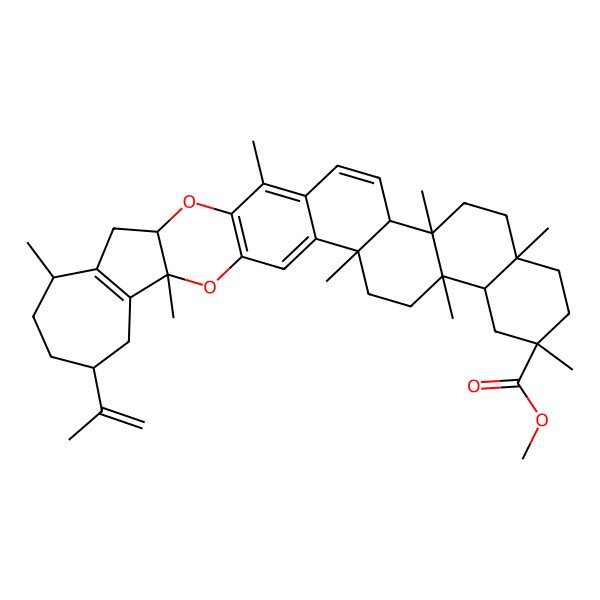 2D Structure of methyl (2R,5S,8R,11S,14R,22S,31R)-2,5,8,11,14,19,25,31-octamethyl-28-prop-1-en-2-yl-21,32-dioxaoctacyclo[16.16.0.02,15.05,14.06,11.020,33.022,31.024,30]tetratriaconta-1(34),16,18,20(33),24(30)-pentaene-8-carboxylate