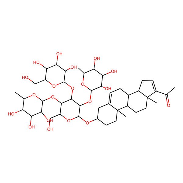2D Structure of 1-[(3S,8R,9S,10R,13S,14S)-3-[(2R,3R,4S,5R,6R)-6-(hydroxymethyl)-4-[(2S,3R,4S,5S,6R)-3,4,5-trihydroxy-6-(hydroxymethyl)oxan-2-yl]oxy-3,5-bis[[(2S,3R,4R,5R,6S)-3,4,5-trihydroxy-6-methyloxan-2-yl]oxy]oxan-2-yl]oxy-10,13-dimethyl-2,3,4,7,8,9,11,12,14,15-decahydro-1H-cyclopenta[a]phenanthren-17-yl]ethanone