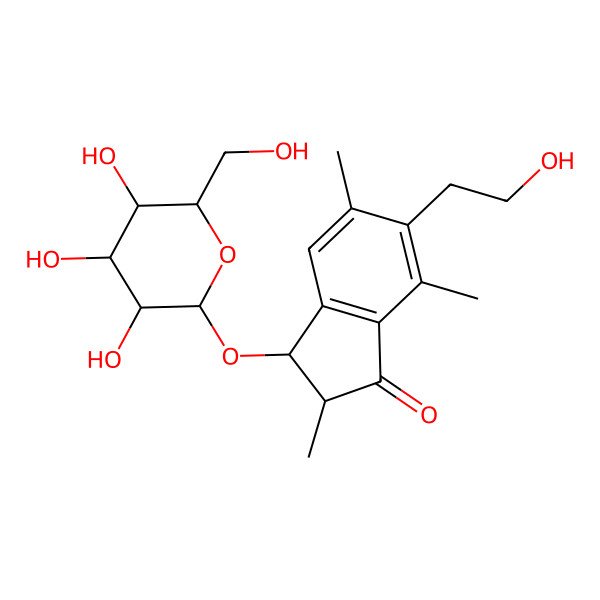 2D Structure of (2S,3S)-6-(2-hydroxyethyl)-2,5,7-trimethyl-3-[(2R,3R,4S,5R,6R)-3,4,5-trihydroxy-6-(hydroxymethyl)oxan-2-yl]oxy-2,3-dihydroinden-1-one