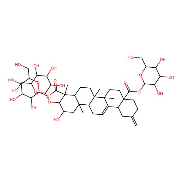 2D Structure of bis[(2R,3R,4S,5S,6R)-3,4,5-trihydroxy-6-(hydroxymethyl)oxan-2-yl] (2S,3R,4S,4aR,6aR,6bS,8aS,12aS,14aR,14bR)-2-hydroxy-4,6a,6b,14b-tetramethyl-11-methylidene-3-[(2R,3R,4S,5S,6R)-3,4,5-trihydroxy-6-(hydroxymethyl)oxan-2-yl]oxy-1,2,3,4a,5,6,7,8,9,10,12,12a,14,14a-tetradecahydropicene-4,8a-dicarboxylate