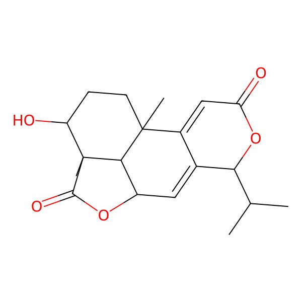 2D Structure of 13-Hydroxy-1,12-dimethyl-6-propan-2-yl-5,10-dioxatetracyclo[7.6.1.02,7.012,16]hexadeca-2,7-diene-4,11-dione