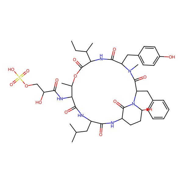 2D Structure of [3-[[2-Benzyl-8-butan-2-yl-21-hydroxy-5-[(4-hydroxyphenyl)methyl]-4,11-dimethyl-15-(2-methylpropyl)-3,6,9,13,16,22-hexaoxo-10-oxa-1,4,7,14,17-pentazabicyclo[16.3.1]docosan-12-yl]amino]-2-hydroxy-3-oxopropyl] hydrogen sulfate