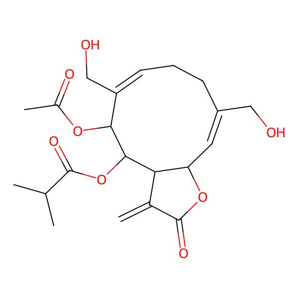 2D Structure of [(3aS,4S,5S,6Z,10Z,11aR)-5-acetyloxy-6,10-bis(hydroxymethyl)-3-methylidene-2-oxo-3a,4,5,8,9,11a-hexahydrocyclodeca[b]furan-4-yl] 2-methylpropanoate