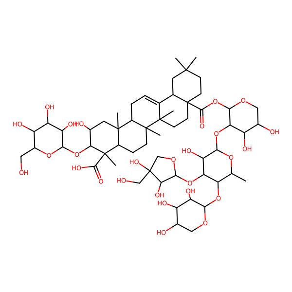 2D Structure of 8a-[3-[4-[3,4-Dihydroxy-4-(hydroxymethyl)oxolan-2-yl]oxy-3-hydroxy-6-methyl-5-(3,4,5-trihydroxyoxan-2-yl)oxyoxan-2-yl]oxy-4,5-dihydroxyoxan-2-yl]oxycarbonyl-2-hydroxy-4,6a,6b,11,11,14b-hexamethyl-3-[3,4,5-trihydroxy-6-(hydroxymethyl)oxan-2-yl]oxy-1,2,3,4a,5,6,7,8,9,10,12,12a,14,14a-tetradecahydropicene-4-carboxylic acid
