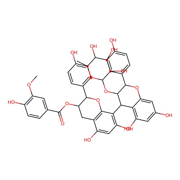 2D Structure of [(2R,3R)-8-[(2R,3S,4S)-5,7-dihydroxy-2-(4-hydroxyphenyl)-3-[(2S,3R,4R,5R,6S)-3,4,5-trihydroxy-6-methyloxan-2-yl]oxy-3,4-dihydro-2H-chromen-4-yl]-5,7-dihydroxy-2-(4-hydroxyphenyl)-3,4-dihydro-2H-chromen-3-yl] 4-hydroxy-3-methoxybenzoate