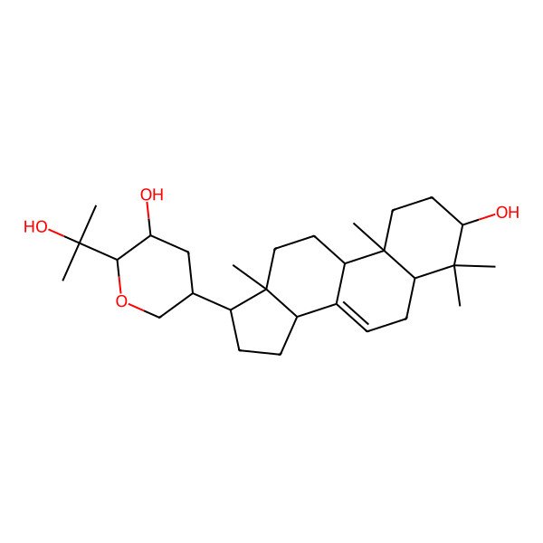 2D Structure of 2-(2-Hydroxypropan-2-yl)-5-(3-hydroxy-4,4,10,13-tetramethyl-1,2,3,5,6,9,11,12,14,15,16,17-dodecahydrocyclopenta[a]phenanthren-17-yl)oxan-3-ol