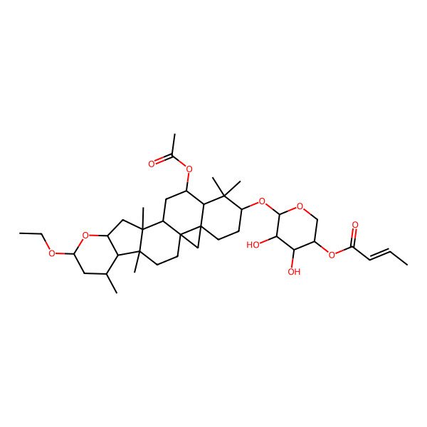 2D Structure of [6-[(15-Acetyloxy-8-ethoxy-4,6,12,17,17-pentamethyl-9-oxahexacyclo[11.9.0.01,21.04,12.05,10.016,21]docosan-18-yl)oxy]-4,5-dihydroxyoxan-3-yl] but-2-enoate