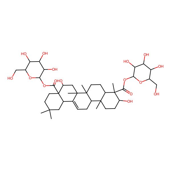 2D Structure of bis[(2S,3R,4S,5S,6R)-3,4,5-trihydroxy-6-(hydroxymethyl)oxan-2-yl] (3S,4S,4aR,6aR,6bS,8R,8aR,12aS,14aR,14bR)-3,8-dihydroxy-4,6a,6b,11,11,14b-hexamethyl-1,2,3,4a,5,6,7,8,9,10,12,12a,14,14a-tetradecahydropicene-4,8a-dicarboxylate