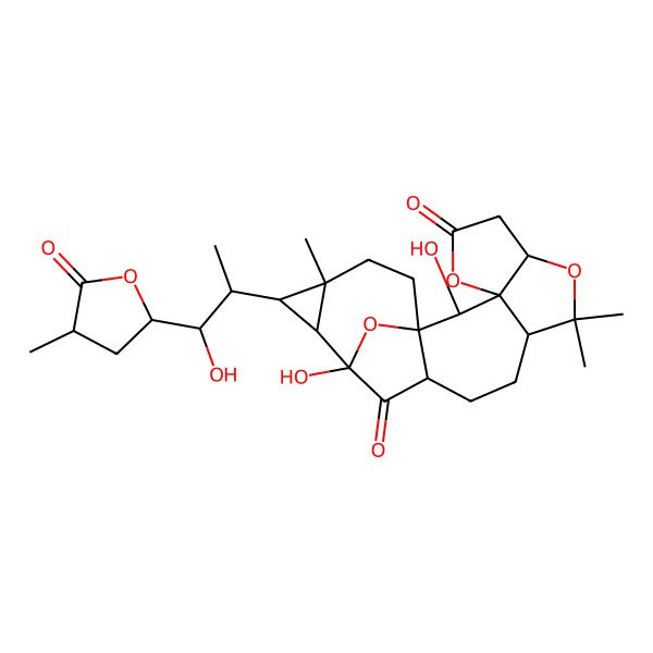 2D Structure of 2,15-Dihydroxy-17-[1-hydroxy-1-(4-methyl-5-oxooxolan-2-yl)propan-2-yl]-9,9,18-trimethyl-4,8,21-trioxahexacyclo[13.5.1.01,13.03,7.03,10.016,18]henicosane-5,14-dione