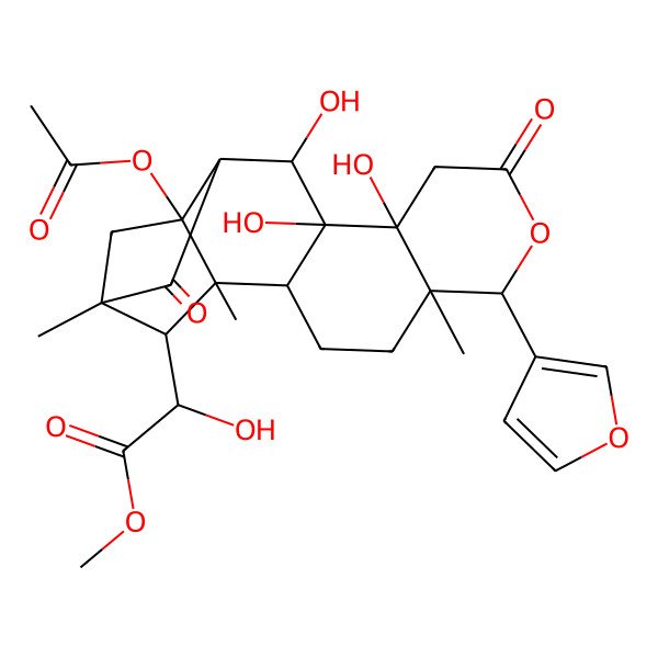 2D Structure of methyl (2R)-2-[(1S,5S,6S,10R,11S,12S,15R,17S,18R)-17-acetyloxy-6-(furan-3-yl)-10,11,12-trihydroxy-1,5,15-trimethyl-8,14-dioxo-7-oxapentacyclo[13.2.1.02,11.05,10.013,17]octadecan-18-yl]-2-hydroxyacetate