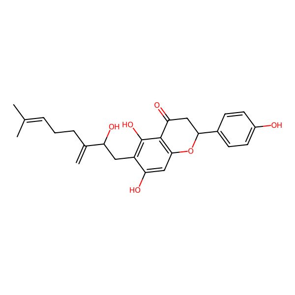 2D Structure of (2S)-5,7-dihydroxy-6-(2-hydroxy-7-methyl-3-methylideneoct-6-enyl)-2-(4-hydroxyphenyl)-2,3-dihydrochromen-4-one