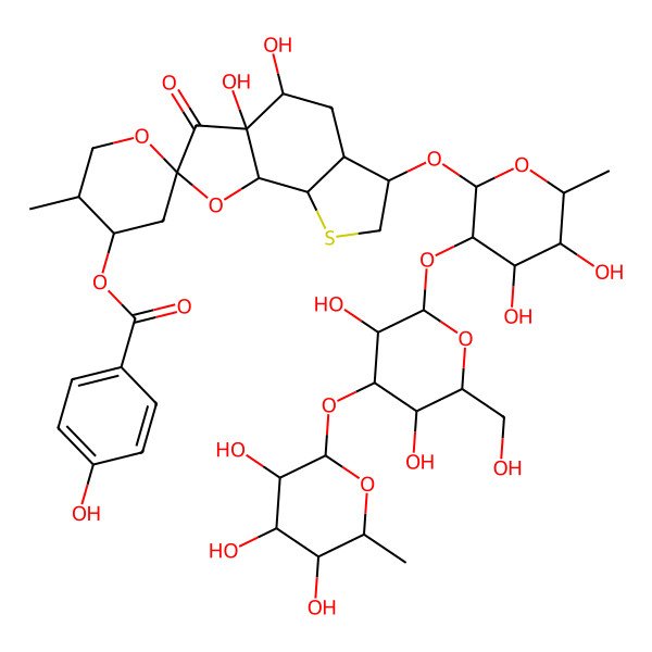 2D Structure of [6-[3-[3,5-dihydroxy-6-(hydroxymethyl)-4-(3,4,5-trihydroxy-6-methyloxan-2-yl)oxyoxan-2-yl]oxy-4,5-dihydroxy-6-methyloxan-2-yl]oxy-3a,4-dihydroxy-5'-methyl-3-oxospiro[5,5a,6,7,8a,8b-hexahydro-4H-thieno[3,2-g][1]benzofuran-2,2'-oxane]-4'-yl] 4-hydroxybenzoate