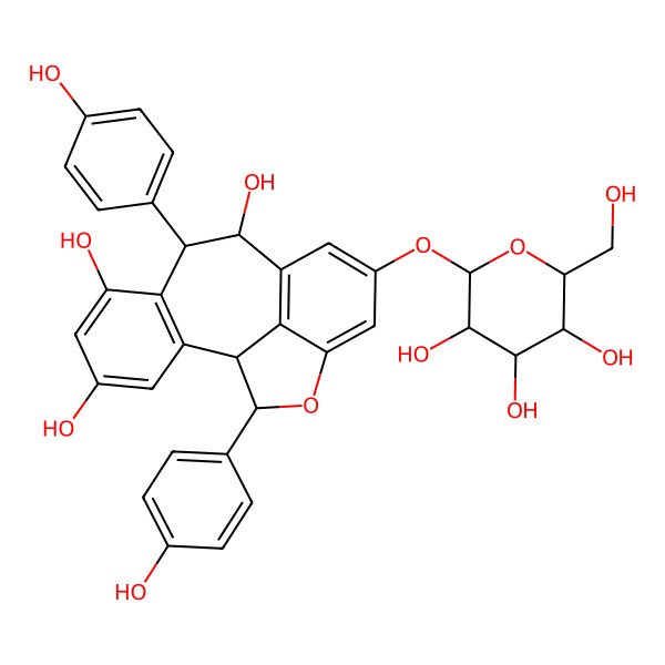 2D Structure of (1R,8S,9S,16R)-8,16-bis(4-hydroxyphenyl)-12-[(2S,3R,4S,5S,6R)-3,4,5-trihydroxy-6-(hydroxymethyl)oxan-2-yl]oxy-15-oxatetracyclo[8.6.1.02,7.014,17]heptadeca-2(7),3,5,10(17),11,13-hexaene-4,6,9-triol