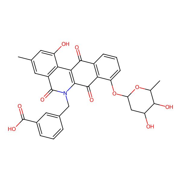 2D Structure of 3-[[8-[(2S,4R,5R,6S)-4,5-dihydroxy-6-methyloxan-2-yl]oxy-1-hydroxy-3-methyl-5,7,12-trioxobenzo[b]phenanthridin-6-yl]methyl]benzoic acid