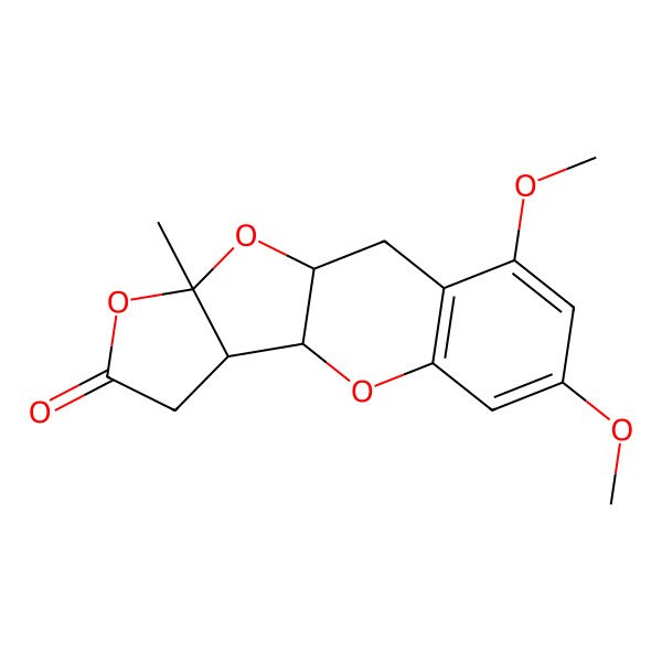 2D Structure of (1R,10R,11R,15R)-4,6-dimethoxy-15-methyl-9,14,16-trioxatetracyclo[8.6.0.03,8.011,15]hexadeca-3(8),4,6-trien-13-one