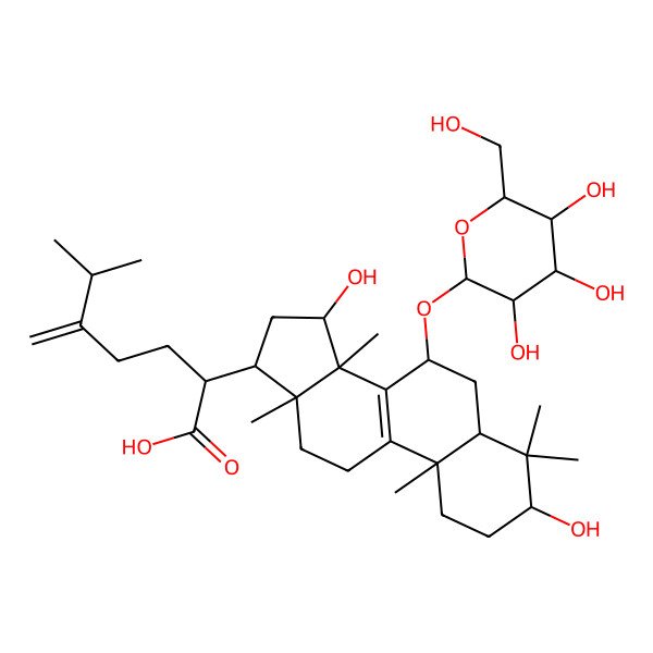 2D Structure of (2R)-2-[(3S,5S,7R,10S,13R,14R,15S,17R)-3,15-dihydroxy-4,4,10,13,14-pentamethyl-7-[(2R,3R,4S,5S,6R)-3,4,5-trihydroxy-6-(hydroxymethyl)oxan-2-yl]oxy-2,3,5,6,7,11,12,15,16,17-decahydro-1H-cyclopenta[a]phenanthren-17-yl]-6-methyl-5-methylideneheptanoic acid