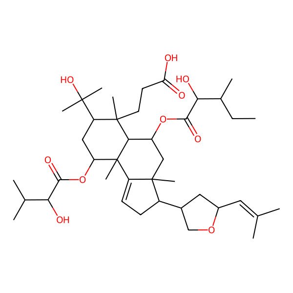 2D Structure of 3-[(3S,3aS,5R,5aR,6R,7R,9R,9aR)-9-[(2R)-2-hydroxy-3-methylbutanoyl]oxy-5-[(2R,3R)-2-hydroxy-3-methylpentanoyl]oxy-7-(2-hydroxypropan-2-yl)-3a,6,9a-trimethyl-3-[(3S,5S)-5-(2-methylprop-1-enyl)oxolan-3-yl]-2,3,4,5,5a,7,8,9-octahydrocyclopenta[a]naphthalen-6-yl]propanoic acid
