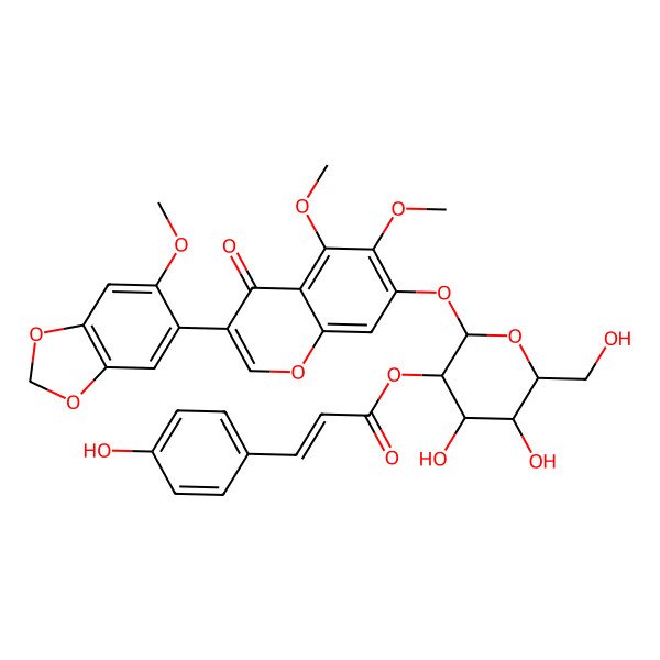 2D Structure of [(2S,3S,4S,5S,6R)-2-[5,6-dimethoxy-3-(6-methoxy-1,3-benzodioxol-5-yl)-4-oxochromen-7-yl]oxy-4,5-dihydroxy-6-(hydroxymethyl)oxan-3-yl] (E)-3-(4-hydroxyphenyl)prop-2-enoate