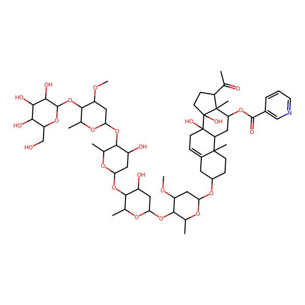 2D Structure of [(3S,8S,9R,10R,12R,13S,14R,17R)-17-acetyl-8,14-dihydroxy-3-[(2R,4S,5R,6R)-5-[(2S,4S,5S,6R)-4-hydroxy-5-[(2S,4S,5S,6R)-4-hydroxy-5-[(2S,4R,5R,6R)-4-methoxy-6-methyl-5-[(2S,3R,4S,5S,6R)-3,4,5-trihydroxy-6-(hydroxymethyl)oxan-2-yl]oxyoxan-2-yl]oxy-6-methyloxan-2-yl]oxy-6-methyloxan-2-yl]oxy-4-methoxy-6-methyloxan-2-yl]oxy-10,13-dimethyl-2,3,4,7,9,11,12,15,16,17-decahydro-1H-cyclopenta[a]phenanthren-12-yl] pyridine-3-carboxylate