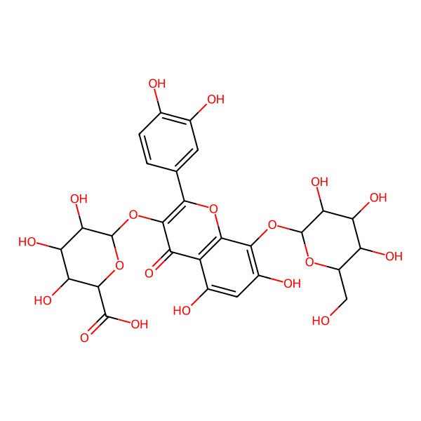 2D Structure of (2S,3S,4S,5R,6S)-6-[2-(3,4-dihydroxyphenyl)-5,7-dihydroxy-4-oxo-8-[(2S,3R,4S,5S,6R)-3,4,5-trihydroxy-6-(hydroxymethyl)oxan-2-yl]oxychromen-3-yl]oxy-3,4,5-trihydroxyoxane-2-carboxylic acid