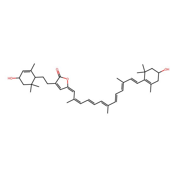 2D Structure of (5Z)-3-[2-[(1R,4R)-4-hydroxy-2,6,6-trimethylcyclohex-2-en-1-yl]ethyl]-5-[(2E,4E,6E,8E,10E,12E)-13-[(4R)-4-hydroxy-2,6,6-trimethylcyclohexen-1-yl]-2,7,11-trimethyltrideca-2,4,6,8,10,12-hexaenylidene]furan-2-one