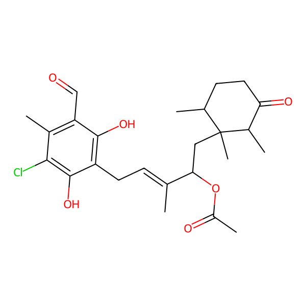 2D Structure of 5-(3-Chloro-5-formyl-2,6-dihydroxy-4-methylphenyl)-3-methyl-1-(1,2,6-trimethyl-3-oxocyclohexyl)pent-3-en-2-yl acetate