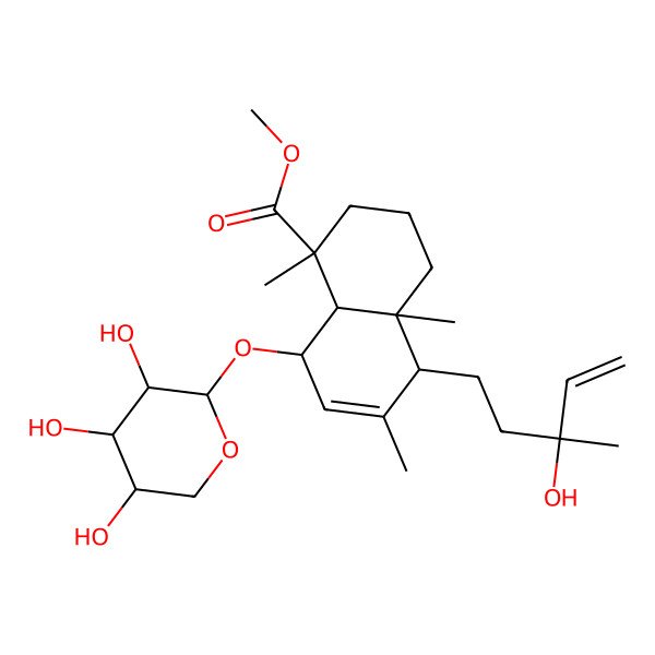 2D Structure of methyl (1R,4aR,5S,8S,8aR)-5-[(3R)-3-hydroxy-3-methylpent-4-enyl]-1,4a,6-trimethyl-8-[(2S,3R,4S,5R)-3,4,5-trihydroxyoxan-2-yl]oxy-2,3,4,5,8,8a-hexahydronaphthalene-1-carboxylate